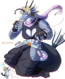 abs accessory anthro belt big_breasts blonde_hair bottomwear breasts bulge chibi cleavage_cutout clothing cutout fingerless_gloves gloves gynomorph hair handwear herm intersex looking_at_viewer multi_eye muscular muscular_gynomorph muscular_intersex oversized_clothing scarf simple_background smile smiling_at_viewer solo whiskers litehase mythology anglerfish dragon eastern_dragon fish hybrid marine mythological_creature mythological_scalie scalie absurd_res hi_res