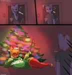 3_panel_comic 3_toes 5_fingers :3 accidental_holly anthro big_breasts black_body black_clothing black_fur black_shirt black_topwear bottomless breasts christmas_clothing christmas_headwear christmas_lights christmas_tree clothed clothing container countershade_face countershade_fur countershade_hands countershading cup digitigrade duo ear_piercing ear_ring eyebrows eyes_closed feet female fingers fur green_clothing green_sweater green_topwear hair hair_over_eyes hand_on_cheek hat headgear headwear holding_container holding_cup holding_mug holding_object holding_stick holidays holly_(plant) huge_breasts inside leg_warmers legwear lying male mug on_side one_eye_closed open_mouth orange_body orange_fur orange_hair piercing plant question_mark raised_tail red_clothing red_leg_warmers red_legwear red_thigh_highs ring_piercing santa_hat shirt smile snaggle_tooth standing stick sweater tail tan_body tan_countershading tan_fur text thick_thighs thigh_highs toes topwear tree wide_hips yawn justbirb christmas cocoa_(justbirb) paprika_(justbirb) domestic_cat felid feline felis mammal absurd_res artist_name comic digital_media_(artwork) english_text hi_res krita_(artwork)