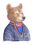 3_eyes black_nose brown_body brown_fur clothed clothing copyright_symbol fur green_eyes jacket male multi_eye shirt simple_background solo symbol text topwear white_background swanbear bear mammal 2017 half-length_portrait portrait url watermark