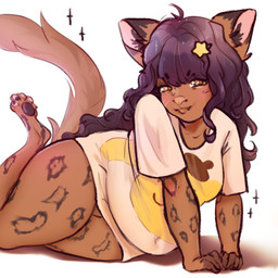 anthro belly female fluffy fluffy_tail hair humanoid_face purple_hair slightly_chubby slightly_chubby_female solo star tail obrykozzy felid leopard mammal pantherine 1:1 hi_res