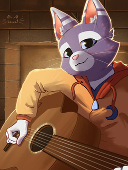 acoustic_guitar anthro blue_eyes clothing detailed_background fur guitar hoodie inside male musical_instrument plucked_string_instrument purple_body solo string_instrument subsurface_scattering topwear whiskers white_body white_fur lorcat liam_(lorcat) domestic_cat felid feline felis mammal 3:4 absurd_res hi_res