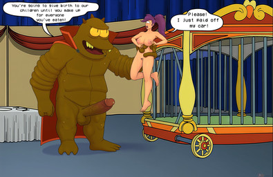 balls barefoot bodily_fluids breasts cape clothing duo erection feet female genital_fluids genitals glans hair humanoid_genitalia humanoid_penis larger_male male nipples nude open_mouth penis precum purple_hair size_difference smaller_female text vein veiny_balls veiny_penis vulva idiklonius comedy_central futurama lrrr_(futurama) turanga_leela alien cyclops human humanoid mammal omicronian english_text hi_res