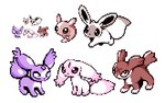 2022 ambiguous_gender brown_body brown_fur conditional_dnp digital_media_(artwork) dipstick_ears dipstick_tail ear_markings fakemon fan_character feral fur gem grey_markings group labbit_(artist) looking_at_viewer mammal markings multicolored_ears pink_markings pixel_(artwork) purple_body purple_fur simple_background tail tail_markings vatkin vatkin_(species) white_background white_body white_fur white_markings