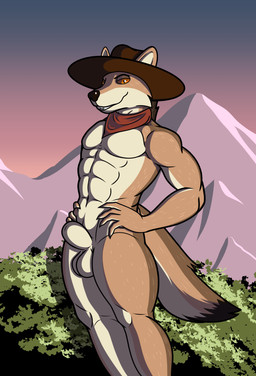 5_fingers abs animal_genitalia anthro balls black_nose brown_body brown_clothing brown_eyes brown_fur brown_hat brown_headwear claws clothing cowboy_hat detailed_background dipstick_tail finger_claws fingers fully_sheathed fur genitals hands_on_hips hat headgear headwear humanoid_hands kerchief male markings mostly_nude mountain multicolored_body multicolored_fur navel neckerchief neckwear plant presenting_sheath sheath sky solo standing tail tail_markings tan_balls tan_body tan_fur tan_sheath teeth basketbollin canid canine canis coyote mammal hi_res