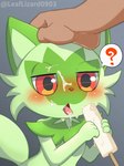 3_fingers ambiguous_fluids ambiguous_gender blush cute_fangs disembodied_hand duo eating fangs feral fingers food food_fetish food_on_face fur green_body green_fur hand_on_head headpat holding_food holding_object humanoid_hands kemono open_mouth paws popsicle question_mark red_eyes solo_focus suggestive suggestive_food teeth tongue tongue_out leaflizard0903 nintendo pokemon felid feline generation_9_pokemon human mammal pokemon_(species) sprigatito 2022 3:4 absurd_res artist_name digital_media_(artwork) hi_res