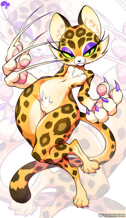 anthro bedroom_eyes countershading female flat_chested genitals markings narrowed_eyes pubes seductive solo spots spotted_body text thick_thighs vulva wide_hips krokobyaka kirby_(series) kirby_and_the_forgotten_land nintendo clawroline felid leopard mammal pantherine 2022 absurd_res hi_res url