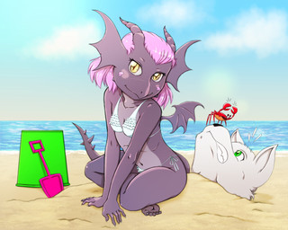 2_horns 6_legs age_difference anthro back_wings barefoot beach bikini biped black_nose breasts bucket buried buried_in_sand clothing container day duo eyebrows feet female feral front_view grey_body hair horn larger_anthro larger_male looking_at_another looking_at_viewer lying male membrane_(anatomy) membranous_wings navel non-mammal_breasts non-mammal_hair older_male on_back outside pink_hair plantigrade sand sea sitting sitting_on_ground size_difference small_wings smaller_female smaller_feral swimwear two-piece_swimsuit water white_body wings yellow_eyes young young_anthro young_female younger_female risingdragon mythology estrid nopast arthropod canid canine canis crab crustacean decapod dragon malacostracan mammal mythological_creature mythological_scalie scalie wolf 2025 5:4