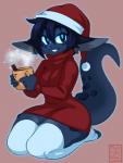 animal_humanoid anthro beverage breasts christmas christmas_clothing christmas_headwear clothing container cup dark_body dark_skin dragon dragon_humanoid female hat headgear headwear hi_res holidays humanoid kneeling legwear looking_at_viewer mythological_creature mythological_scalie mythology nyxondyx santa_hat scalie small_breasts smile smolder solo sweater tail thick_thighs thigh_highs toeless_legwear topwear turtleneck wide_hips