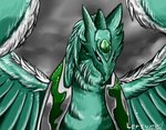 ambiguous_gender black_sclera cloud detailed_background feathered_wings feathers feral forehead_gem front_view fur gem green_body green_feathers outside overcast pupils sky solo wings lersy bakugan bakugan_(series) avian skyress_(bakugan) 2017 digital_drawing_(artwork) digital_media_(artwork) shaded signature