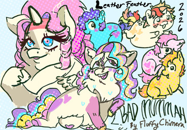1_horn ambiguous_feral ambiguous_gender blonde_hair blue_eyes blush bodily_fluids crotch_breasts eyelashes female female_feral feral fur gloves_(marking) green_hooves hair heart_(marking) hooves horn looking_aside looking_up markings multicolored_hair multicolored_tail open_mouth orange_hooves pasties pink_body pink_fur pink_hair pink_markings pink_tail purple_hair simple_background smile sweat tail text white_body white_fur white_horn wings yellow_body yellow_fur yellow_tail young young_ambiguous young_feral leatherfeather fluffy_pony mythology equid equine fluffy_pony_(species) mammal mythological_creature mythological_equine pegasus unicorn winged_unicorn 2026 digital_media_(artwork) english_text hi_res shaded story_at_source