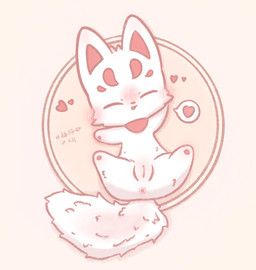 anus big_ears blush chibi clitoris eyes_closed female feral fur genitals heart_symbol humanoid_genitalia humanoid_genitalia_on_feral humanoid_vulva humanoid_vulva_on_feral lying open_mouth pawpads paws red_inner_ear scarf simple_background smile solo spread_legs spreading tail text vulva x_anus young young_female young_feral xiaoyee_moon asian_mythology east_asian_mythology fabulous_beasts japanese_mythology mythology fuzai_(fabulous_beasts) canid canine fox mammal chinese_text hi_res translated