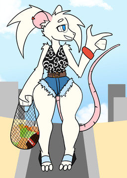 anthro big_arms big_butt big_tail blue_eyes buckteeth butt clothing eyewear female footwear fur glasses high_heels shoes solo tail teeth white_body white_fur wide_hips wizrat mammal murid murine rat rodent hi_res