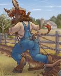 anthro brown_body brown_eyes brown_fur brown_hair clothed clothing farm farmer farming fence fur growth hair hat headgear headwear hooves looking_back male outside overalls plough plow rear_view redneck solo tail tail_growth text transformation chewycuticle asinus donkey equid equine mammal 2017 4:5 digital_media_(artwork) shaded