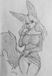 anthro big_tail bottomless clothed clothing ear_piercing ear_stud female fluffy genitals good_girl long_ears looking_at_viewer peek piercing pussy solo stud_piercing sweater sweater_dress tail teasing topwear omgawd feeny feeny_(omgawd) canid canine fennec_fox fox mammal true_fox graphite_(artwork) hi_res monochrome pencil_(artwork) portrait three-quarter_portrait traditional_media_(artwork)