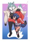 anthro blue_body blue_eyes blue_fur blue_hair breasts brown_body brown_fur clothed clothing collar duo female fluffy fluffy_tail fur hair male tail kurumiken brand_new_animal studio_trigger michiru_kagemori shirou_ogami canid canine canis mammal raccoon_dog tanuki wolf absurd_res hi_res