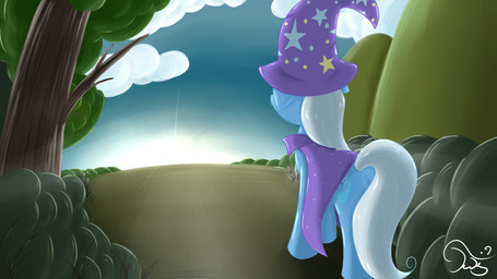 cape clothing cloud cutie_mark female feral hair hat headgear headwear long_hair outside plant quadruped short_hair sky solo sun sunrise tail tree white_hair wizard_hat wood twilightsquare friendship_is_magic hasbro my_little_pony trixie_(mlp) equid equine horse mammal pony