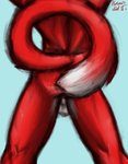 absurd_res anthro balls butt butt_focus domestic_cat felid feline felis fur genitals hermesdidit hi_res male mammal multicolored_body multicolored_fur muscular muscular_anthro muscular_male red_body red_fur simple_background sketch solo