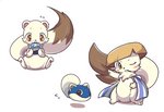 :3 daww duo fur looking_at_viewer male one_eye_closed simple_background sitting standing white_body white_fur mei_(artist) shiren_the_wanderer spike_chunsoft koppa_(shiren_the_wanderer) mamel_(shiren_the_wanderer) domestic_ferret mammal mustelid musteline stoat true_musteline weasel 2018