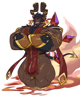 anthro arm_hair beard big_muscles big_pecs body_hair bottomwear brown_body brown_skin bulge chest_hair clothed clothing crossed_arms ear_piercing ear_ring facial_hair goatee gold_(metal) gold_jewelry horn jewelry loincloth male muscular muscular_male muscular_thighs no_underwear pecs piercing pupils ring_piercing shoulder_hair slit_pupils solo yellow_sclera chesschirebacon kings_of_hell baphomet_(kings_of_hell) bovid caprine demon goat mammal hi_res