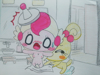 accident big_eyes blush bodily_fluids breasts duo female furniture genitals nipples open_mouth satellite shocked shower_room slipping soap stool sweat sweatdrop toony towel urinal vulva unknown_artist tamagotchi mikeytchi_ana tehetchi humanoid tamagotchi_(species) 4:3 hi_res traditional_media_(artwork)