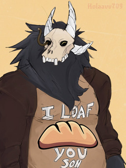 2_horns anthro belly bone bread brown_clothing brown_jacket brown_topwear clothing eyes_closed fluffy food fur grey_body grey_fur horn humor jacket male neck_tuft overweight overweight_anthro overweight_male pun shirt simple_background skull skull_head solo teeth text text_on_clothing text_on_shirt text_on_topwear topwear tuft yellow_background kolaavv709 disney the_owl_house papa_titan_(the_owl_house) titan_(the_owl_house) 3:4 english_text hi_res
