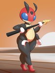 2022 3:4 4_arms 4_hands adeviantcritter ambiguous_gender antennae_(anatomy) anthro anthrofied arthropod black_body black_skin blue_eyes featureless_feet feet female_(lore) future_being_ledian generation_2_pokemon hi_res holding_object holding_weapon insect ledian looking_at_viewer melee_weapon multi_arm multi_hand multi_limb nintendo pokemon pokemon_(species) pokemorph polearm red_body red_skin slightly_chubby solo spear thick_thighs weapon yellow_body yellow_skin