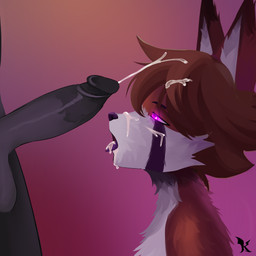 anthro big_ears bodily_fluids brown_body brown_fur candy chocolate cum cum_on_face cum_on_penis dessert duo femboy food fur genital_fluids genitals glowing glowing_eyes male male/male penis purple_eyes tongue white_body white_fur normanthefox canid canine demon fox mammal 1:1 absurd_res hi_res