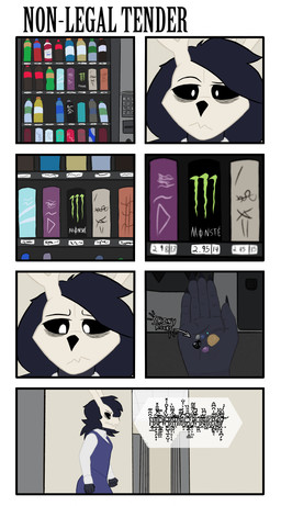 5_fingers anthro black_hair bone clothed clothing dialogue eye_bags female fingers frustrated hair machine office skull skull_head solo text vending_machine suitedwolfie american_mythology indigenous_north_american_mythology monster_energy mythology north_american_mythology wendigo absurd_res character_cipher comic english_text hi_res
