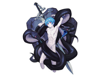 ambiguous_gender black_body black_scales blue_hair convenient_censorship fangs feral group hair male melee_weapon nude red_eyes scales shield simple_background sword teeth weapon white_background white_body white_skin mosilll human mammal reptile scalie snake 2020