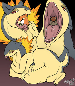 3_toes belly big_belly blue_body blue_fur blush bodily_fluids duo eyes_closed fangs feet feral fingers fire fur kneading licking mouth_shot open_mouth oral_vore orange_body orange_fur paws red_eyes saliva scar short_tail simple_background tail teeth toes tongue tongue_out vore yellow_body yellow_fur sekera nintendo pokemon buizel generation_2_pokemon generation_4_pokemon pokemon_(species) typhlosion 2026 absurd_res comic hi_res