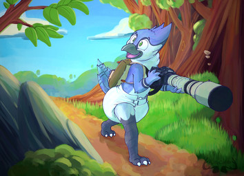 ambiguous_gender anthro backpack beak big_diaper black_beak black_body blue_body blue_feathers camera clean_diaper clothed clothing cloud diaper dirt_path feathers feet fungus gloves_(marking) grass grey_body grey_feathers holding_camera holding_object leaf leg_markings logo markings mushroom nature nature_background open_mouth open_smile plant shrub sky smile socks_(marking) solo tail tail_feathers talons text three-quarter_view toes tree walking wearing_diaper white_body white_diaper white_feathers white_talons kottocotito canon_(company) del_the_bluejay avian bird blue_jay corvid jay_(bird) new_world_jay oscine passerine artist_logo artist_name full-length_portrait hi_res portrait