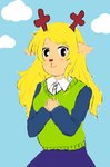 antlers big_eyes blonde_hair clothing cloud collar female hair horn smile solo sweater sweater_vest topwear vest young young_female sharkitty deltarune undertale_(series) deer mammal warm_colors