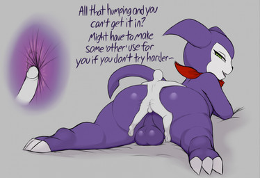 anus backsack balls big_butt butt can't_reach duo erection feet genitals humanoid_genitalia humanoid_penis looking_back male male/male micro narrowed_eyes nude open_mouth penile penis penis_on_anus pointy_ears purple_balls purple_body purple_butt purple_tail sex simple_background size_difference smile tail teeth text kierus bandai_namco digimon digimon_(species) humanoid imp impmon mammal digital_media_(artwork) english_text hi_res