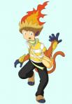 clothed clothing fingerless_(marking) fire flaming_hair male open_mouth pseudo_hair solo standing torn_shoes transformation yorusagi nintendo pokemon barry_(pokemon) generation_4_pokemon human infernape mammal pokemon_(species) 2017