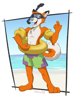 anthro beach clothing fur inflatable inflatable_armbands inner_ear_fluff inner_tube male open_mouth orange_body orange_fur pool_float snorkel solo swimming_trunks swimwear tuft silversabrewulf_(artist) canid canine fox mammal hi_res
