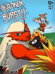 3:4 ambiguous_gender anthro avian bird blaziken blue_eyes brown_hair clothed clothing comic cover cover_art cover_page duo english_text female generation_3_pokemon hair hi_res holding_object holding_pokeball human mammal may_(pokemon) nintendo open_mouth outside pokeball pokemon pokemon_(species) pokemon_trainer rainbow-flyer shirt standard_pokeball text topwear yellow_sclera