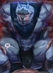 abs anthro biceps big_bulge big_muscles big_penis black_sclera blurred_background blush bodily_fluids bulge cheek_tuft claws cloak clothed clothing cowgirl_position crouching detailed_bulge detailed_muscles dominant duo faceless_character faceless_male facial_markings facial_tuft fangs first_person_view from_front_position fur fuzzy genital_outline genitals grey_body grey_fur grin hand_on_leg head_markings heart_symbol imminent_sex leg_grab licking licking_lips licking_own_lips looking_at_viewer lust lying male male/male markings mask_(marking) mostly_nude muscular muscular_anthro muscular_male muscular_thighs nails nipples on_back on_bottom on_lap on_top partially_clothed pecs penis penis_outline poncho pubes red_eyes red_glow sex smile sweat teeth tongue tongue_out tuft underwear vein veiny_penis magangz dreamworks puss_in_boots_(franchise) death_(puss_in_boots) canid canine canis mammal unknown_species wolf 2023 detailed hi_res watermark