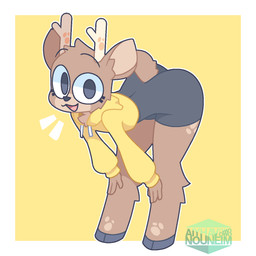 anthro antlers bent_over black_clothing black_eyes border brown_body brown_fur butt clothed clothing cropped_hoodie eyebrows femboy fur fur_markings grey_hooves hands_on_knees hands_on_legs happy hoodie hooves horn logo looking_at_viewer male markings multicolored_body multicolored_fur open_mouth raised_eyebrows short_tail simple_background solo standing tail tan_body tan_fur text topwear tuft two_tone_body two_tone_fur white_border yellow_background yellow_clothing yellow_hoodie yellow_topwear aiyhav_nouneim oakley_(aiyhav_nouneim) deer mammal 1:1 2024 artist_logo artist_name hi_res