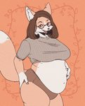 anthro belly big_belly big_breasts biped breasts brown_body brown_eyes brown_fur brown_hair cheek_tuft clothing colored_nails countershading dipstick_tail eyewear facial_tuft fangs female female_anthro fur glasses gloves_(marking) hair hand_on_belly inner_ear_fluff kemono long_hair looking_at_viewer markings midriff multicolored_body multicolored_fur multicolored_tail nails navel open_mouth overweight overweight_anthro overweight_female side_view solo standing tail tail_markings teeth tuft two_tone_body two_tone_fur underwear white_body white_fur nikuq_owata canid canine fox mammal 2020 portrait three-quarter_portrait