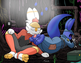 3_toes anthro big_ears blue_body cave clothing duo eyes_closed feet foot_fetish foot_lick fur licking male male/male plant raised_tail surprised tail toes tongue tongue_out tools uniform white_body white_fur wrench mr_fuwa nintendo pokemon rain_world videocult fuwa jiji_(alexthenarehate) cinderace generation_8_pokemon lagomorph mammal pokemon_(species) slugcat absurd_res hi_res