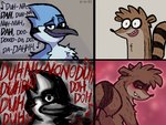 2022 anonymous_artist anthro avian beak bedroom_eyes bird bite biting_lip black_beak black_body black_feathers black_stripes black_text blue_body blue_feathers blue_jay blush brown_body brown_fur cartoon_network corvid dated dead_inside duo eyebrows facial_markings feathers fur grey_background greyscale head_markings humor jay_(bird) male male/male mammal markings mask_(marking) meme monochrome mordecai_(regular_show) mr.incredible_becomes_uncanny music narrowed_eyes new_world_jay nude oscine passerine procyonid raccoon raised_eyebrow raised_tail red_background red_text regular_show rigby_(regular_show) ring_(marking) ringed_tail scared seductive sensual shadow simple_background striped_markings striped_tail stripes suggestive suggestive_look suggestive_pose tail tail_markings text triggered white_body white_feathers