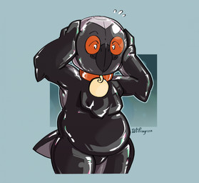 abstract_background ambiguous_gender anthro ball_hood bdsm biped bodysuit clothing collar glistening latex simple_background skinsuit slightly_chubby solo tight_clothing wiprogress prog_(wiprogress) avian bird corvid corvus_(genus) crow oscine passerine 2025 digital_media_(artwork) hi_res nonbinary_(lore)