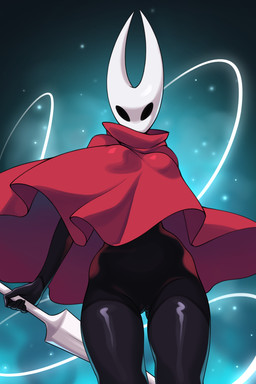 5_fingers anthro black_body black_eyes cloak clothing female fingers genitals holding_object holding_weapon horn looking_at_viewer simple_background solo standing vulva weapon bearbeer hollow_knight_(franchise) team_cherry hornet_(hollow_knight) arthropod insect 2:3 digital_media_(artwork) hi_res