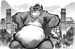 anthro belly detailed_background humanoid_hands macro male overweight overweight_anthro overweight_male sitting solo aokamidu rumble_(movie) steve_(rumble) monster 2020 monochrome