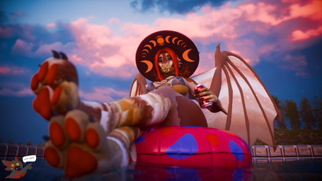 anthro bikini bikini_top blep clothing crossed_legs female glowing glowing_eyes hair hat headgear headwear looking_at_viewer low-angle_view pawpads paws pool_float red_hair ring_(jewelry) solo swimming_pool swimwear tongue tongue_out two-piece_swimsuit water wings retro_raptor foxipaws_(modeler) dr_pepper mythology jupiter_(hvllhnd) aquatic dragon fish mythological_creature mythological_scalie scalie shark 3d_(artwork) blender_(artwork) blender_cycles_(artwork) digital_media_(artwork) hi_res watermark