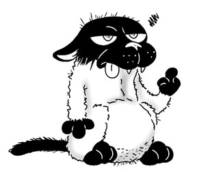 3_toes annoyed anthro belly big_belly black_body black_fur ears_back fangs feet fur gesture gloves_(marking) grumpy half-closed_eyes hand_gesture leg_markings male markings middle_finger multicolored_body multicolored_fur narrowed_eyes pivoted_ears semi-anthro socks_(marking) solo standing teeth toes tongue tongue_out two_tone_body two_tone_fur theyoyododo get_fuzzy bucky_katt domestic_cat felid feline felis mammal siamese_cat 2025 digital_drawing_(artwork) digital_media_(artwork) greyscale line_art monochrome shaded