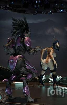 3_fingers anthro anus arm_quills armor avian_caruncle black_body black_feathers breasts digitigrade duo feather_hair feathers female female_anthro fingers genitals gesture grey_body grey_scales hand_gesture hand_on_butt headgear helmet looking_back mostly_nude nipples non-mammal_breasts non-mammal_nipples outside pointing pseudo_hair quill_hair rear_view red_quills scales short_tail side_boob spurs_(anatomy) standing tail tan_body tan_scales vulva otterboi18 pickle_juice_(modeler) halo_(series) microsoft xbox_game_studios alien avian ibie'shan kig-yar reptile scalie t'vaoan 3d_(artwork) colored digital_media_(artwork) hi_res