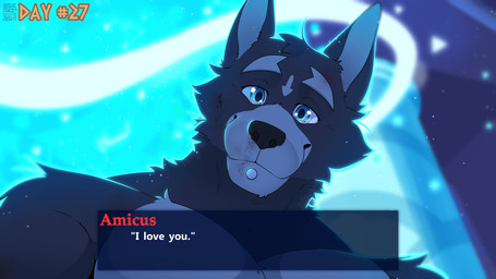anthro black_nose blue_eyes blue_light clothed clothing fur grey_body grey_fur looking_at_viewer male piercing pillar solo text topless soradezwolfox adastra adastra_(series) echo_project amicus_(adastra) canid canine canis mammal wolf 16:9 2024 english_text hi_res widescreen
