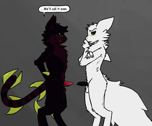 4_fingers animal_genitalia animal_penis anthro arm_tuft balls black_penis blush blush_lines canine_genitalia canine_penis cheek_tuft chest_tuft claws comparing comparing_penis dialogue digitigrade duo elbow_tuft facial_tuft feline_genitalia feline_penis fin finger_claws fingers fluffy fluffy_tail fur genitals hands_on_hips head_tuft horn knot knotted_penis long_tail male male/male maroon_fur nude penile_spines penis pink_nose pink_penis sheath side_view small_penis speech_bubble standing tail text thinking_pose tuft white_body white_fur envoyager casualties:_unknown canid canine domestic_cat felid feline felis gunsawian mammal milky_(gunsawian) voyager_(gunsawian) colored digital_drawing_(artwork) digital_media_(artwork) english_text hi_res