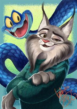 anthro black_ear_tips blue_body blue_scales cheek_tuft clothed clothing dipstick_ears duo ear_markings facial_tuft feral fur green_clothing green_sweater green_topwear grey_body grey_fur group interspecies male multicolored_ears pink_nose scales simple_background sweater topwear tuft whiskers yellow_eyes unknown_artist disney zootopia gary_de'snake pawbert_lynxley canada_lynx felid feline lynx mammal pit_viper reptile scalie snake viper absurd_res hi_res